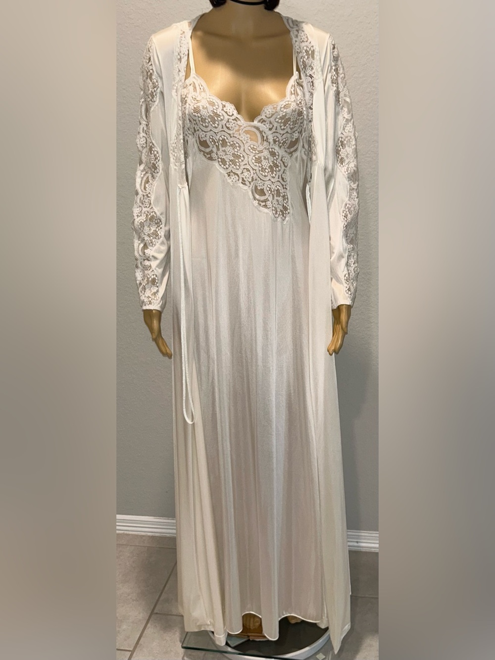 Lily of France ivory Lace-Trim Long Nightgown with Matching Robe